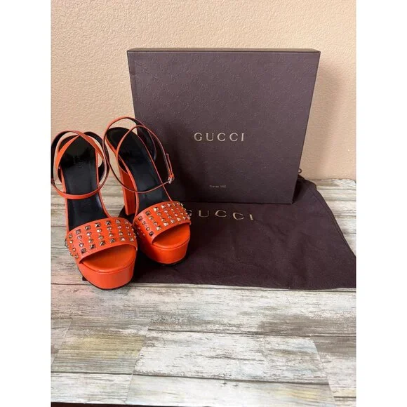 Gucci Malaga Kid Orange Leather Studded Platform Heels EU 40 Box Dust Bag w/COA - Picture 3 of 16